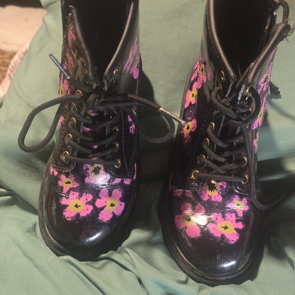 Dr. Martens Shoes - Dr. Martens Black Lace-Up Combat Boots with Pink and Yellow Floral Print